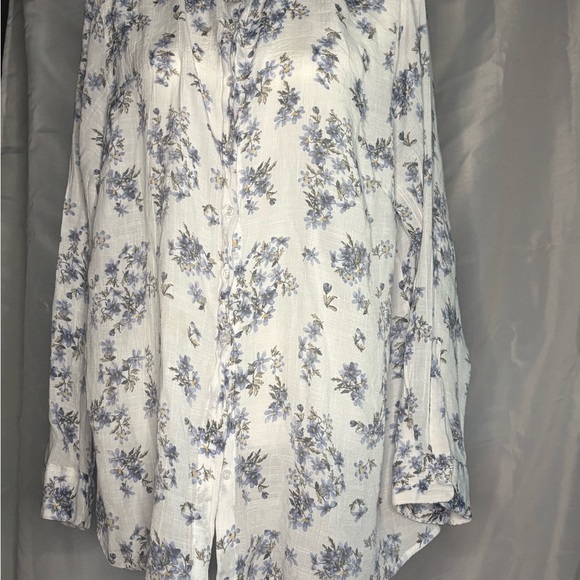 Tamara H Tops - Cottagecore Blue Floral Button Down Blouse - Textured Boho Long Sleeve Shi